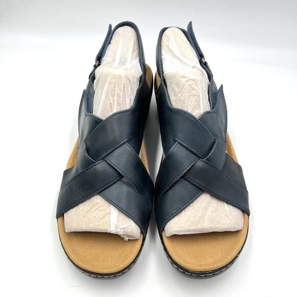 Clarks Womens Size 12‎ Merliah Echo Navy Blue Leather Low Wedges Sandals Shoes - Picture 2 of 14